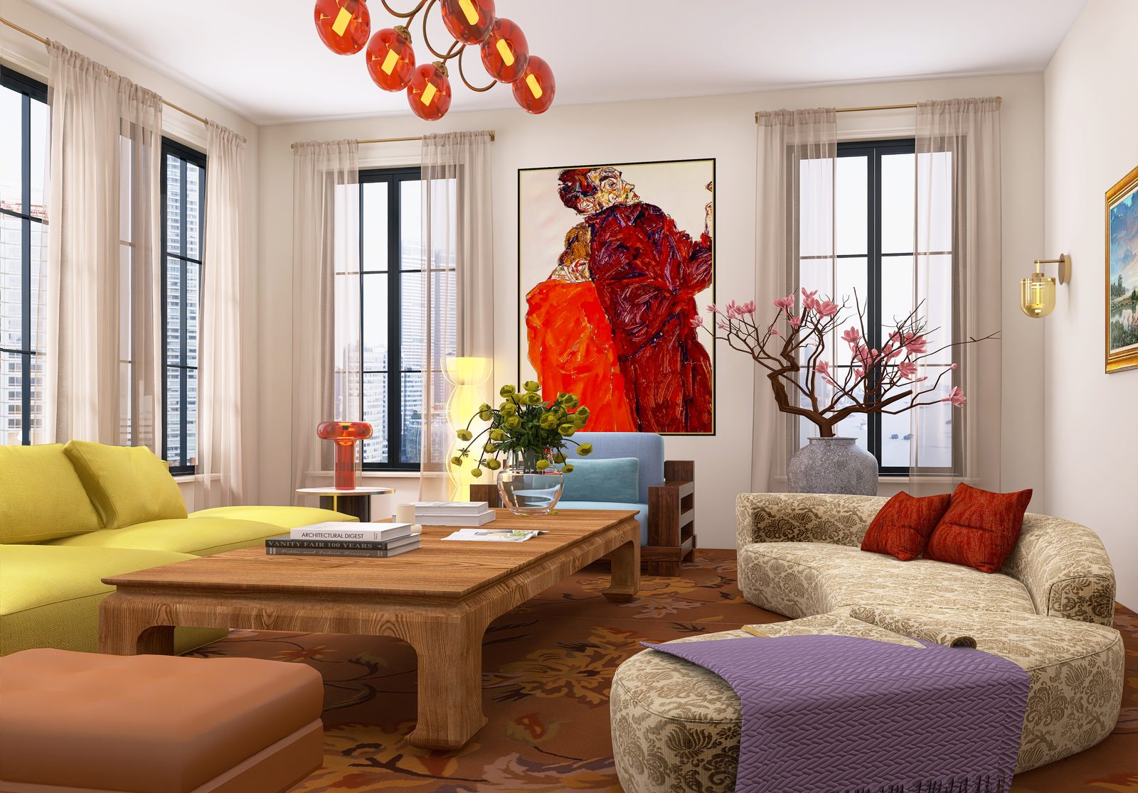 The Crimson Canvas Flat — Wide, under the chandelier